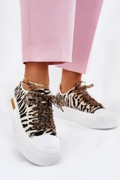 Best Boto Trampki Damskie Na Masywnej Platformie Z Ozdobnym Sznurowaniem Zebra Czarno-Beżowe Zidora