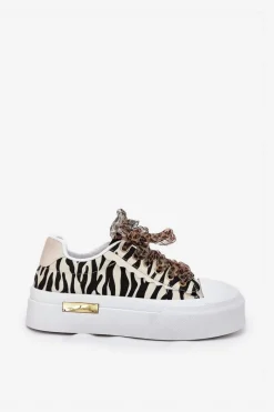 Best Boto Trampki Damskie Na Masywnej Platformie Z Ozdobnym Sznurowaniem Zebra Czarno-Beżowe Zidora