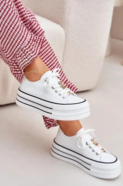 Sale Trampki Damskie Na Platformie Ze Złotymi Przypinkami Białe Fiorina Damskie Trampki Damskie Niskie