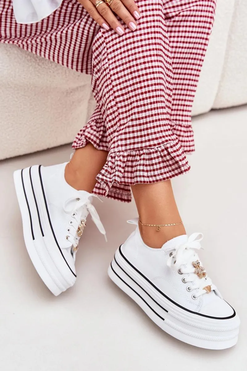 Sale Trampki Damskie Na Platformie Ze Złotymi Przypinkami Białe Fiorina Damskie Trampki Damskie Niskie