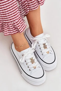 Sale Trampki Damskie Na Platformie Ze Złotymi Przypinkami Białe Fiorina Damskie Trampki Damskie Niskie