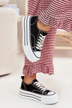 Clearance Boto Trampki Damskie Na Platformie Ze Złotymi Przypinkami Czarne Fiorina Czarny