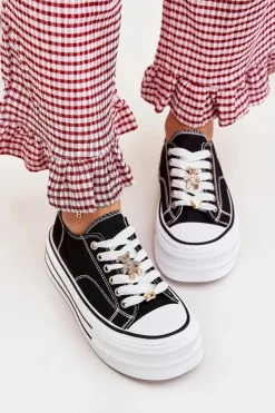 Clearance Boto Trampki Damskie Na Platformie Ze Złotymi Przypinkami Czarne Fiorina Czarny