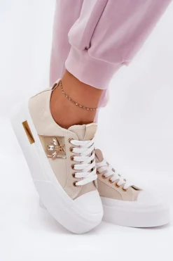 Sale Trampki Damskie Na Platformie Z Ozdobnym Detalem Beżowe Annisae Damskie Trampki Damskie Niskie