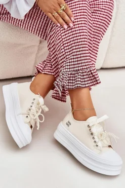 Trampki Damskie Niskie>Boto Trampki Damskie Na Platformie Z Ozdobnym Sznurowaniem Beżowe Tivora Beżowy