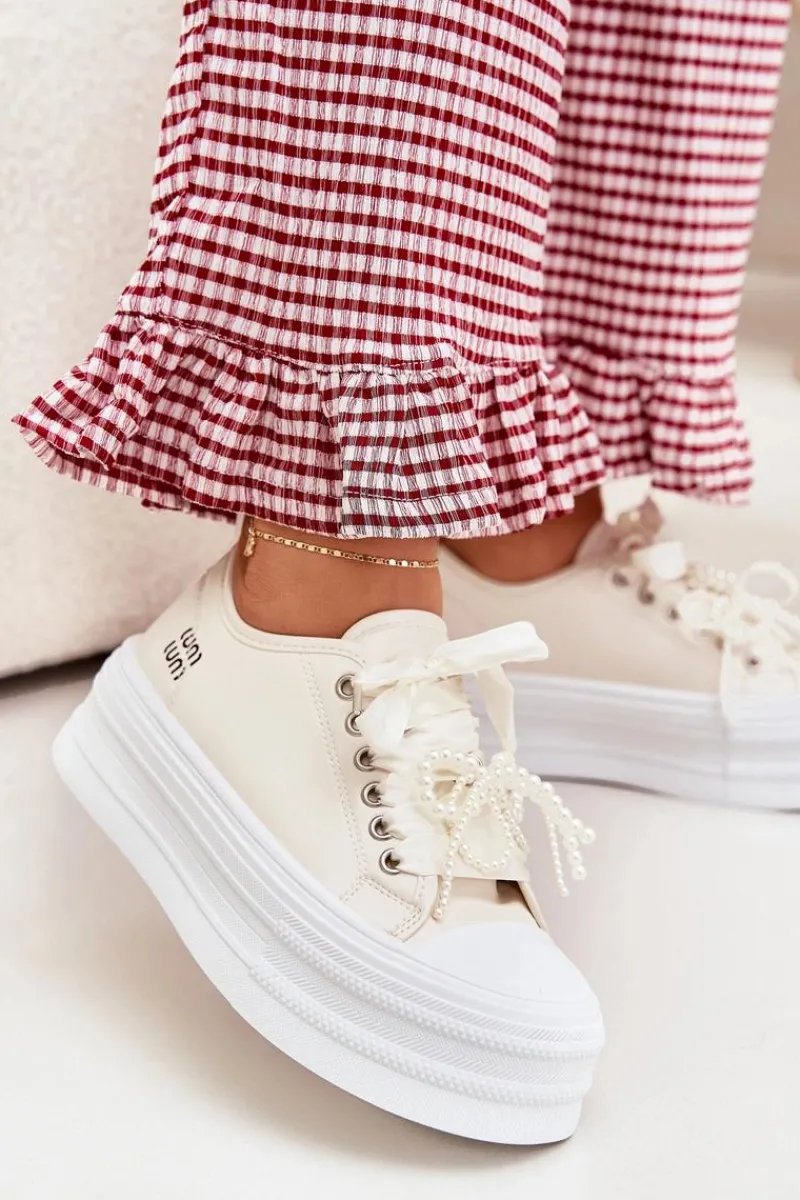 Trampki Damskie Niskie>Boto Trampki Damskie Na Platformie Z Ozdobnym Sznurowaniem Beżowe Tivora Beżowy