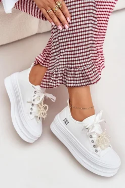 Clearance Trampki Damskie Na Platformie Z Ozdobnym Sznurowaniem Białe Tivora Damskie Trampki Damskie Niskie