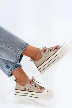 Clearance GOE Trampki Damskie Na Platformie RR2N4105 Beżowe