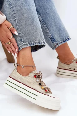 Clearance GOE Trampki Damskie Na Platformie RR2N4105 Beżowe