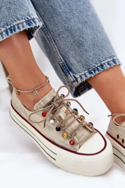 Clearance GOE Trampki Damskie Na Platformie RR2N4105 Beżowe