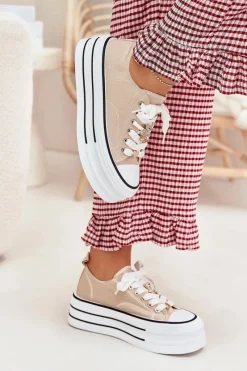 Trampki Damskie Niskie>Boto Trampki Damskie Na Platformie Ze Złotymi Przypinkami Beżowe Fiorina Beżowy