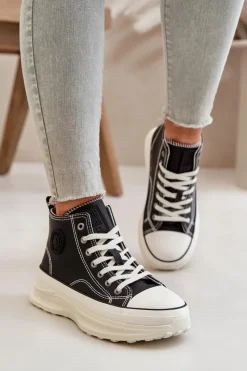 Trampki Ocieplane|Trampki Damskie Big Star>Big Star Shoes Trampki Damskie Na Platformie Eko Skórzane Big Star OO274063 Czarne Czarny