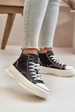 Trampki Ocieplane|Trampki Damskie Big Star></noscript>Big Star Shoes Trampki Damskie Na Platformie Eko Skórzane Big Star OO274063 Czarne Czarny