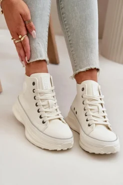 Trampki Ocieplane|Trampki Damskie Big Star></noscript>Big Star Shoes Trampki Damskie Na Platformie Eko Skórzane Big Star OO274064 Białe Biały