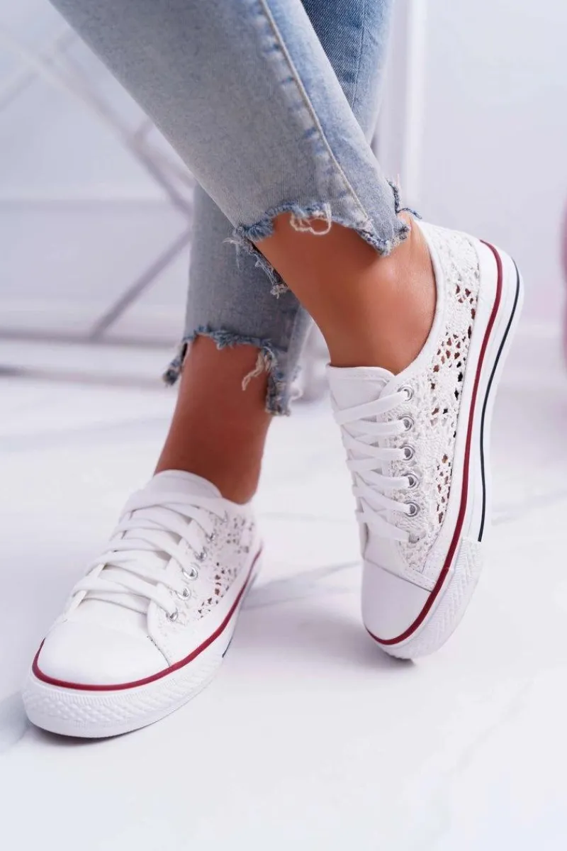 Trampki Damskie Niskie>Boto Trampki Damskie Niskie Koronkowe Białe Veroli