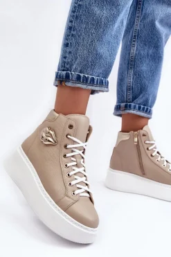 Discount Boto Trampki Damskie Wysokie Na Suwak Lemar Beżowe Katerin Beżowy