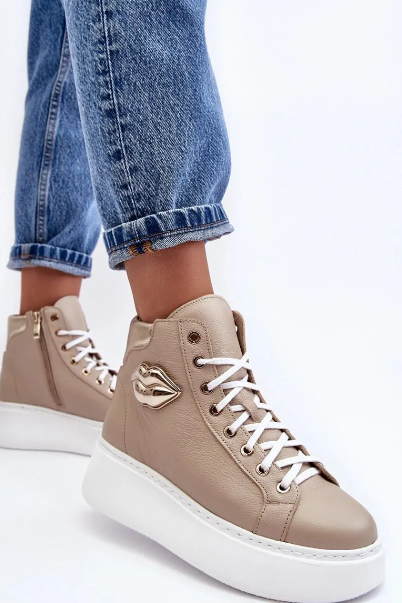 Discount Boto Trampki Damskie Wysokie Na Suwak Lemar Beżowe Katerin Beżowy