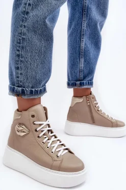 Discount Boto Trampki Damskie Wysokie Na Suwak Lemar Beżowe Katerin Beżowy