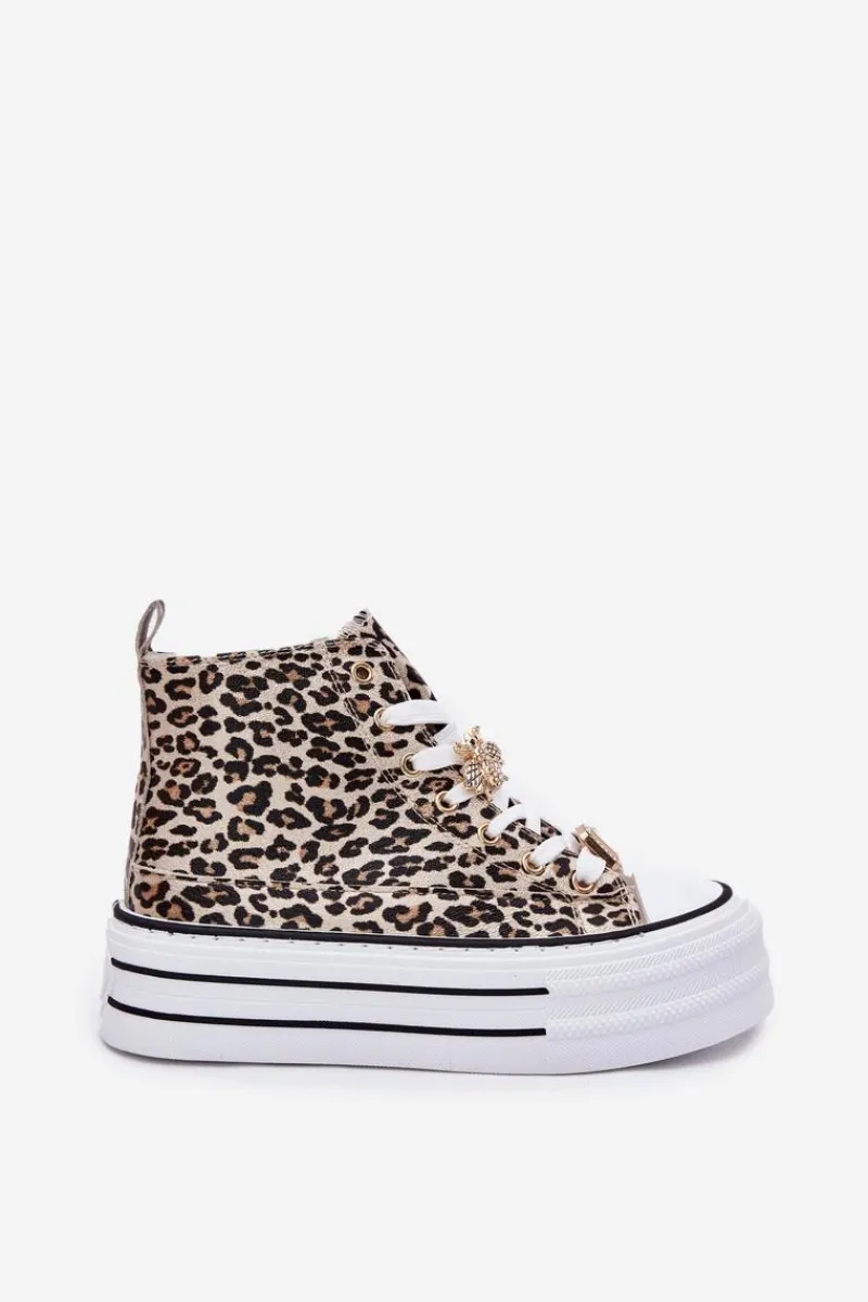 Trampki Damskie Wysokie>Boto Trampki Damskie Wysokie Na Masywnej Platformie Z Przypinkami Panterka Złote Olivana