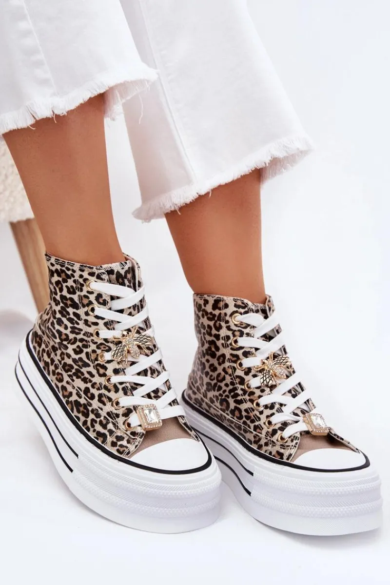 Trampki Damskie Wysokie>Boto Trampki Damskie Wysokie Na Masywnej Platformie Z Przypinkami Panterka Złote Olivana