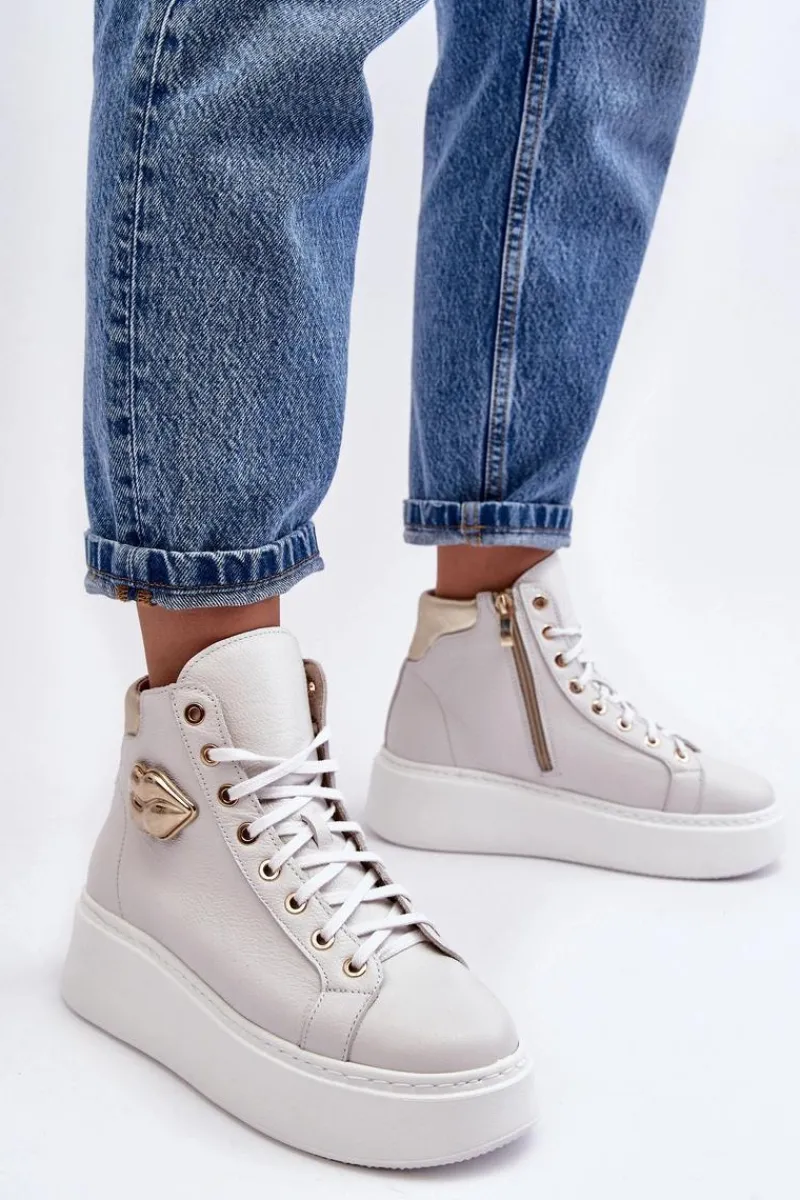 Trampki Damskie Wysokie>Boto Trampki Damskie Wysokie Na Suwak Lemar Białe Katerin Biały