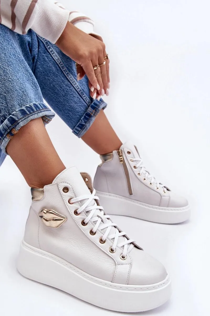 Trampki Damskie Wysokie>Boto Trampki Damskie Wysokie Na Suwak Lemar Białe Katerin Biały