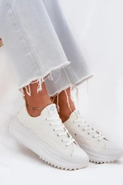 Trampki Damskie Niskie></noscript>Lee Cooper Trampki Damskie Z Haftem Na Platformie LCW-25-31-3465L Białe