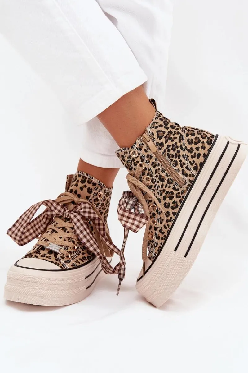 Trampki Damskie Wysokie>Evento Trampki Damskie Ze Wstążką I Zamkiem Na Platformie Panterka Mavara