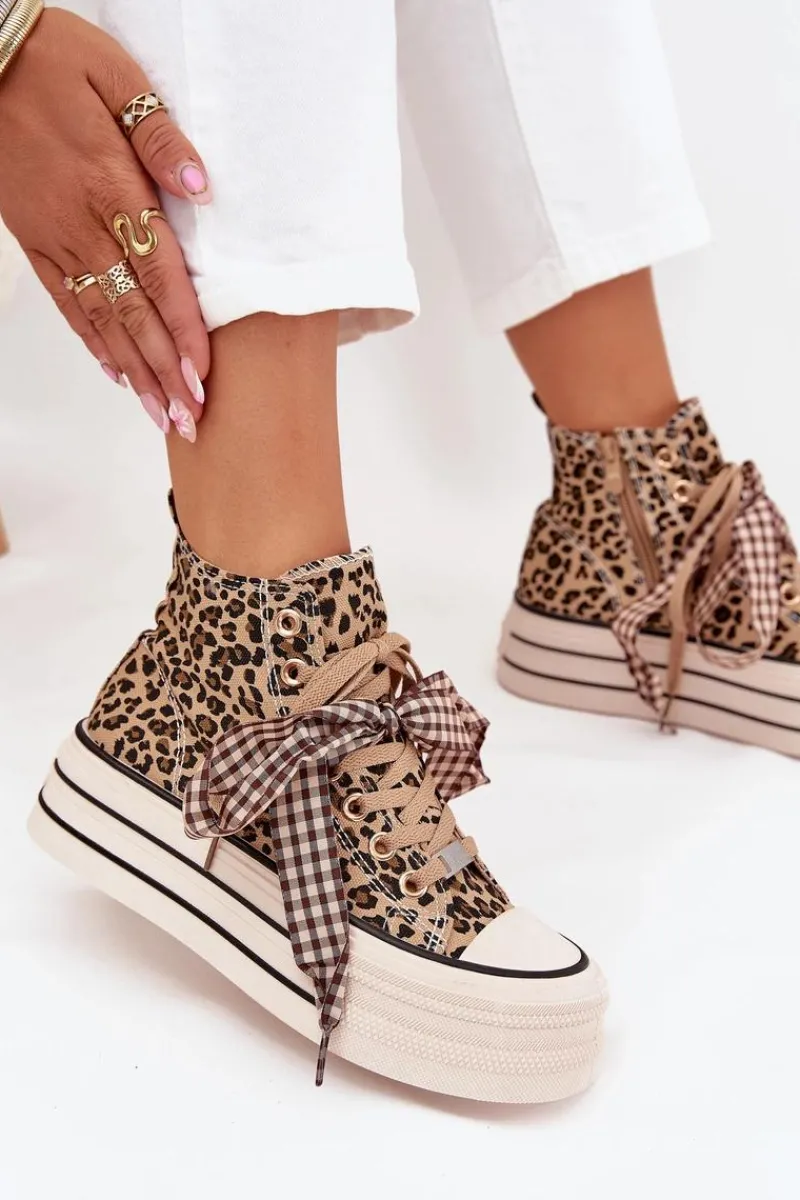 Trampki Damskie Wysokie>Evento Trampki Damskie Ze Wstążką I Zamkiem Na Platformie Panterka Mavara