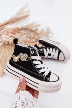 New Trampki Dziecięce Wysokie Ze Złotą Ozdobą Czarne Elvena Dzieci Dziewczęce|Back To School