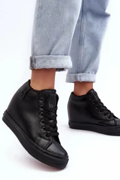 Outlet Big Star Shoes Trampki Skórzane Damskie Na Koturnie Big Star MM274001 Czarne Czarny