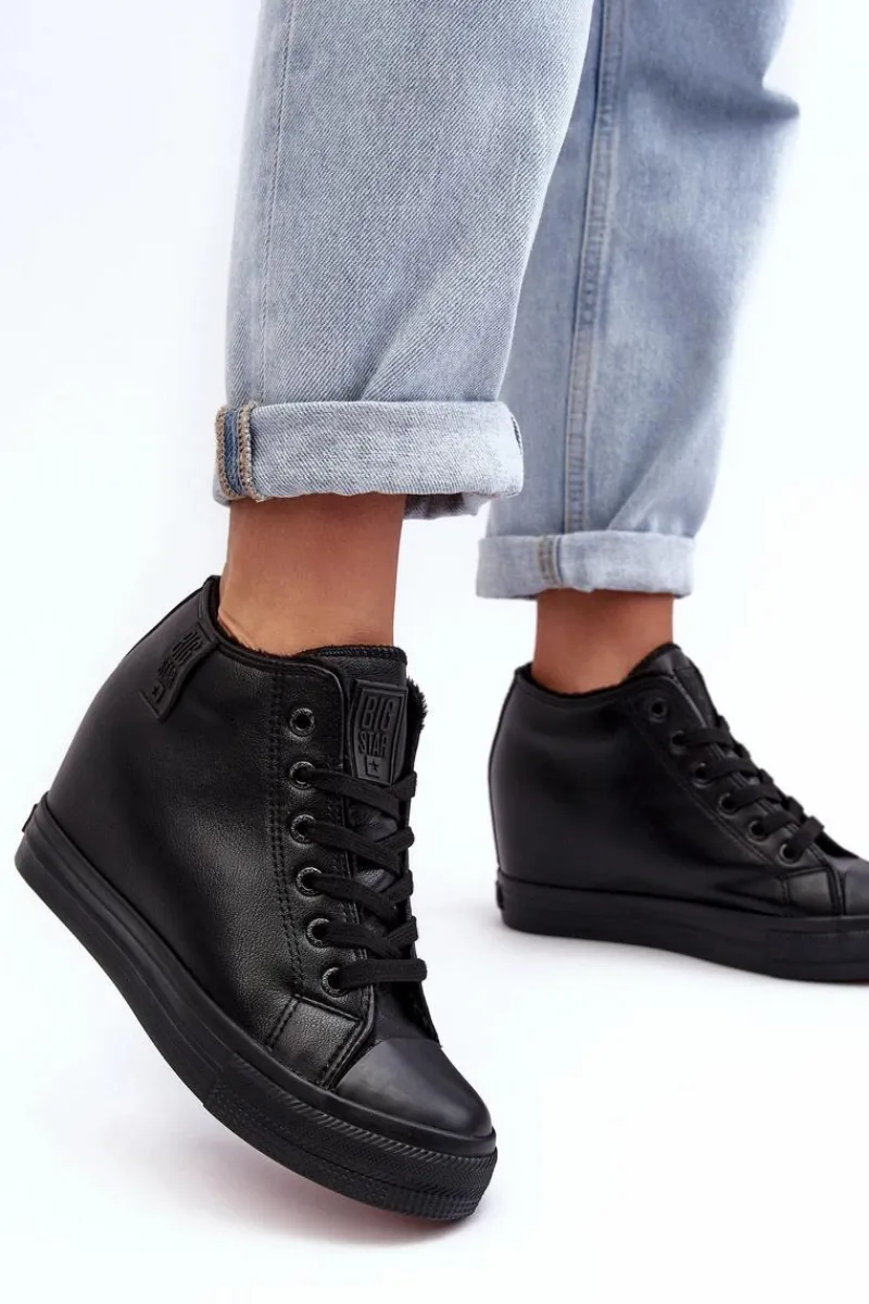 Outlet Big Star Shoes Trampki Skórzane Damskie Na Koturnie Big Star MM274001 Czarne Czarny