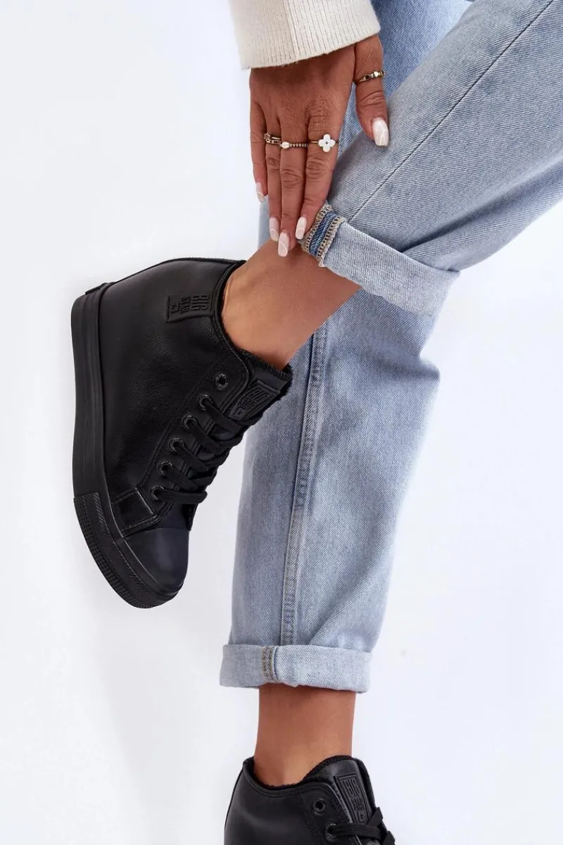 Outlet Big Star Shoes Trampki Skórzane Damskie Na Koturnie Big Star MM274001 Czarne Czarny