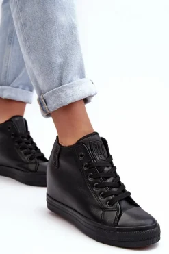 Outlet Big Star Shoes Trampki Skórzane Damskie Na Koturnie Big Star MM274001 Czarne Czarny