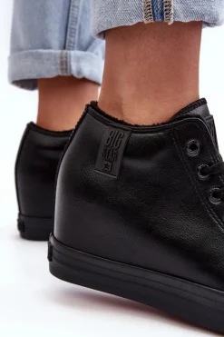 Outlet Big Star Shoes Trampki Skórzane Damskie Na Koturnie Big Star MM274001 Czarne Czarny