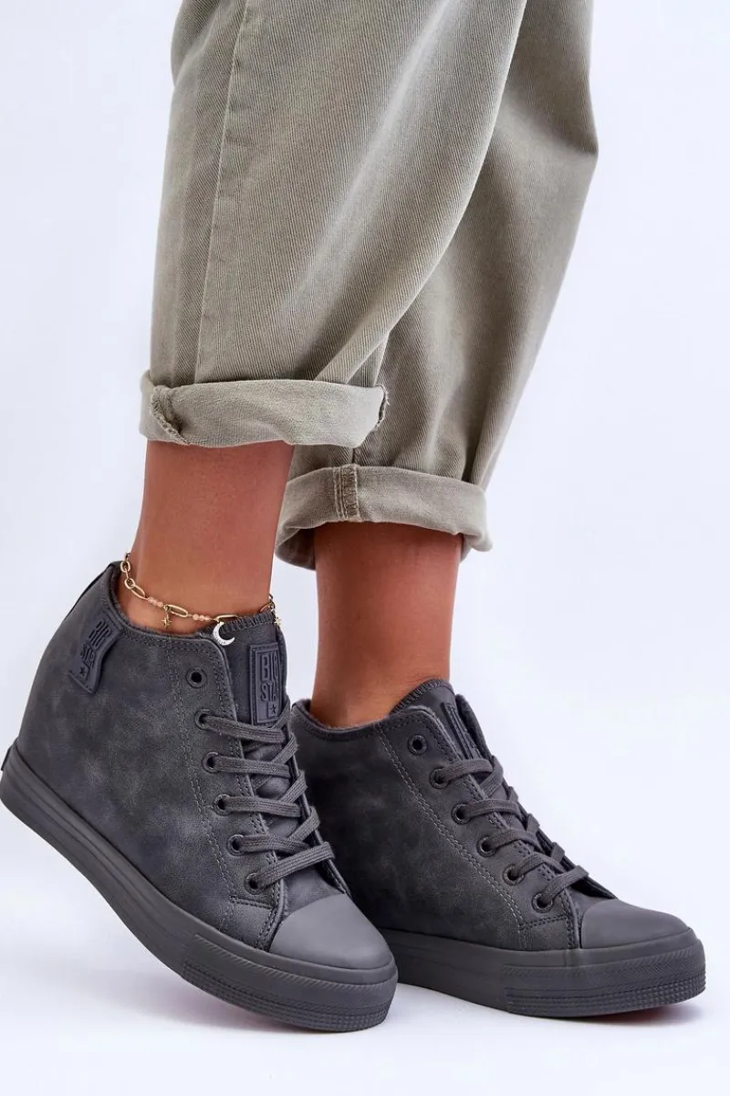 Discount Big Star Shoes Trampki Skórzane Damskie Na Koturnie Big Star MM274005 Szare Szary