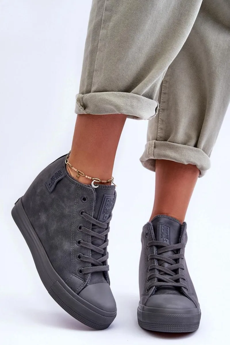 Discount Big Star Shoes Trampki Skórzane Damskie Na Koturnie Big Star MM274005 Szare Szary