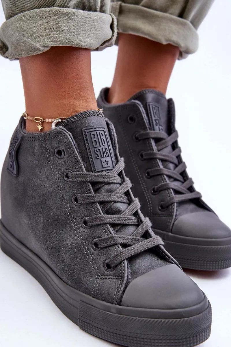 Discount Big Star Shoes Trampki Skórzane Damskie Na Koturnie Big Star MM274005 Szare Szary