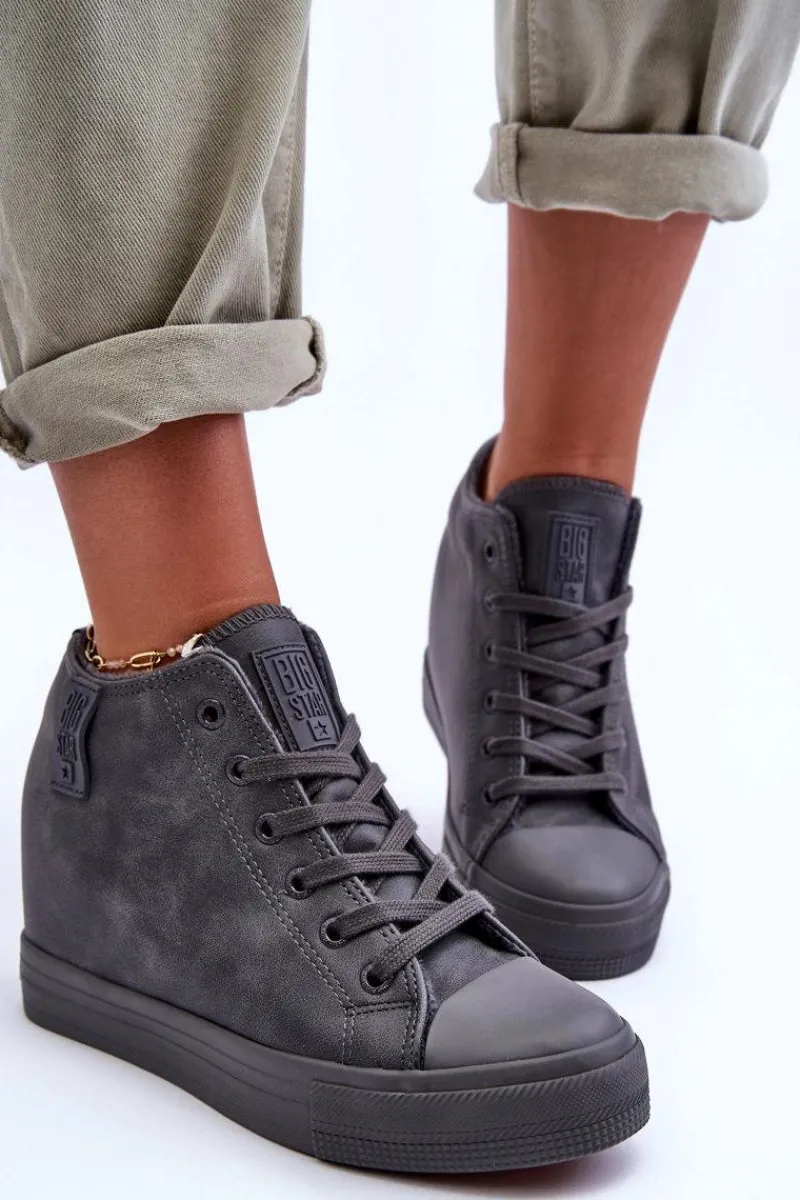 Discount Big Star Shoes Trampki Skórzane Damskie Na Koturnie Big Star MM274005 Szare Szary