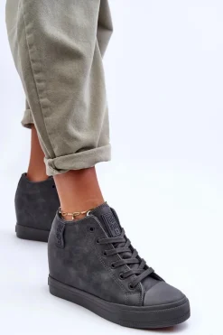 Discount Big Star Shoes Trampki Skórzane Damskie Na Koturnie Big Star MM274005 Szare Szary