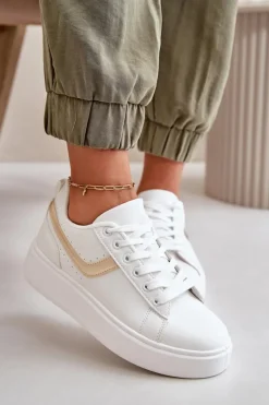 Sale Trampki Sneakersy Damskie Na Platformie Z Eko Skóry Biało-Złote Brennessa Damskie Trampki Damskie Niskie|Sneakersy Damskie