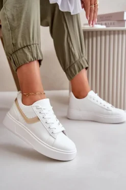 Sale Trampki Sneakersy Damskie Na Platformie Z Eko Skóry Biało-Złote Brennessa Damskie Trampki Damskie Niskie|Sneakersy Damskie