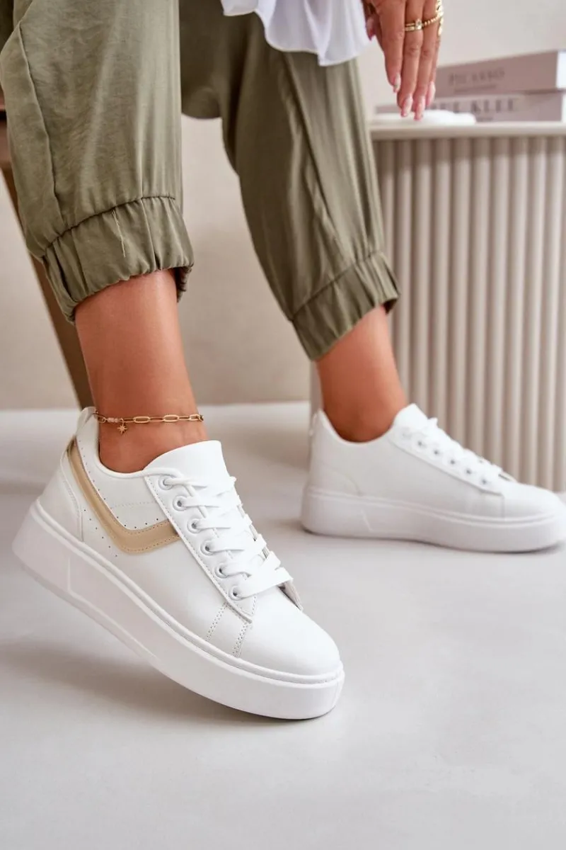 Sale Trampki Sneakersy Damskie Na Platformie Z Eko Skóry Biało-Złote Brennessa Damskie Trampki Damskie Niskie|Sneakersy Damskie