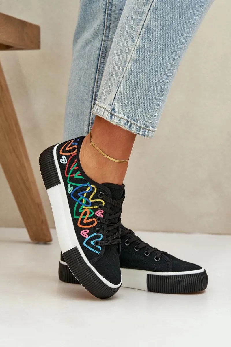 Trampki Damskie Niskie>Boto Trampki Tenisówki Damskie W Serca Czarne Fonirea