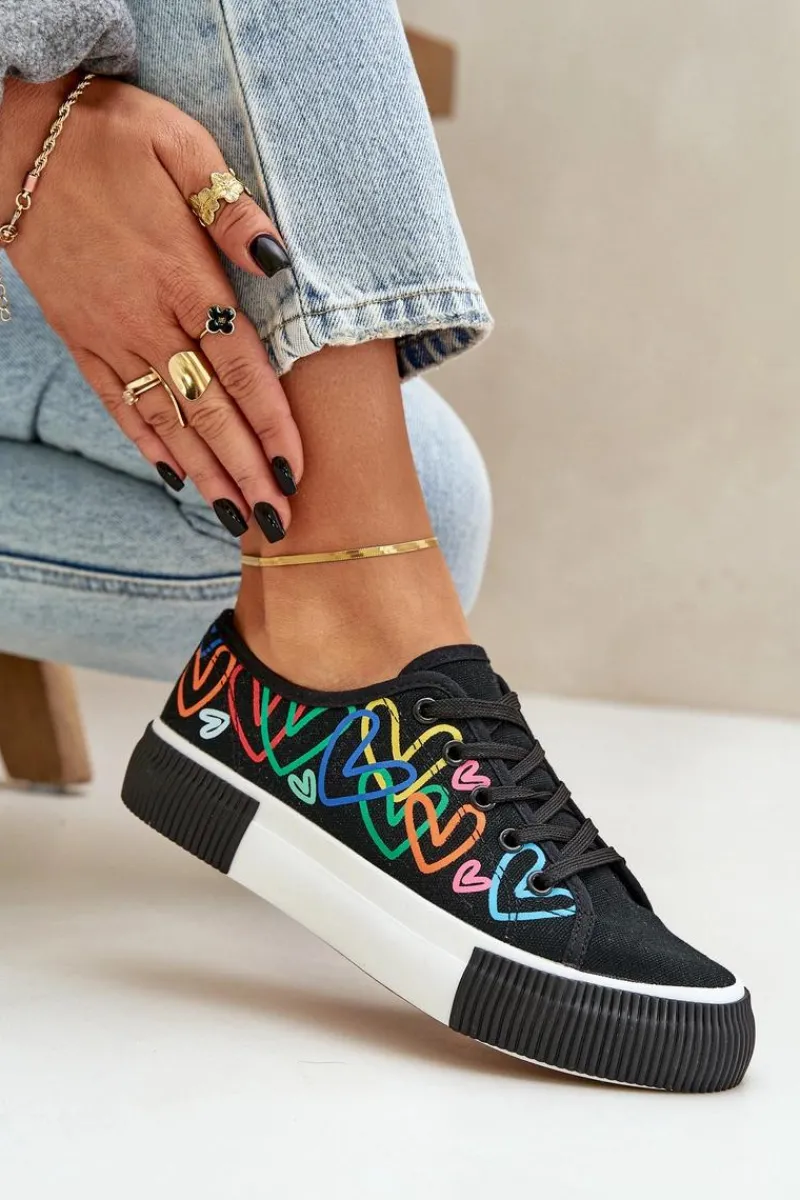 Trampki Damskie Niskie>Boto Trampki Tenisówki Damskie W Serca Czarne Fonirea