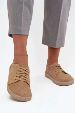 Clearance Trampki Typu Barefoot Z Naturalnego Zamszu 314 Beżowe Damskie Trampki Damskie Niskie|Półbuty Skórzane