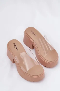 Outlet Transparentne Klapki Damskie Na Platformie I Masywnym Obcasie Beżowe Rizana Damskie Klapki Na Obcasie|Klapki Na Platformie