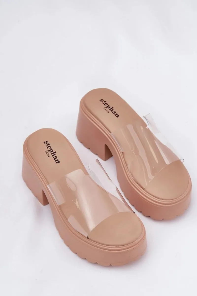 Outlet Transparentne Klapki Damskie Na Platformie I Masywnym Obcasie Beżowe Rizana Damskie Klapki Na Obcasie|Klapki Na Platformie