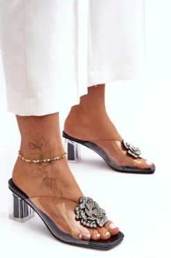 Sale Damskie buty S.Barski Transparentne Klapki Na Słupku Z Ozdobą Czarne S.Barski MR1037-20