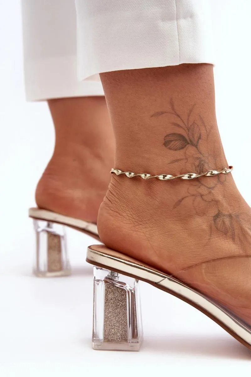 Klapki Na Obcasie|Klapki Damskie Klasyczne>Damskie buty S.Barski Transparentne Klapki Na Słupku Z Ozdobą Złote S.Barski MR1037-20